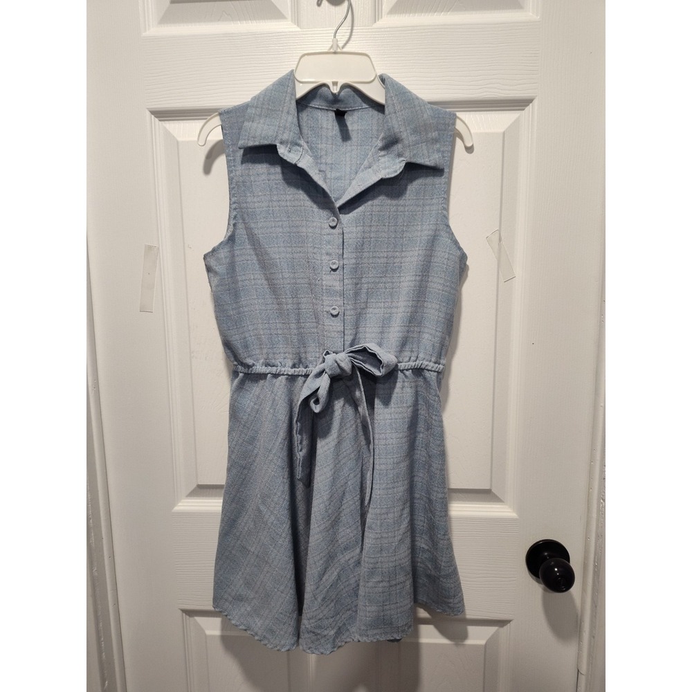 Lightweight Light blue Sleeveless Shirt Dress Size Large elastic waist faux tie - Picture 5 of 5